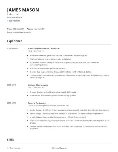 Industrial Maintenance Technician Resume