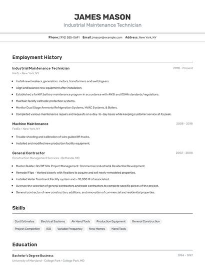 Industrial Maintenance Technician Resume