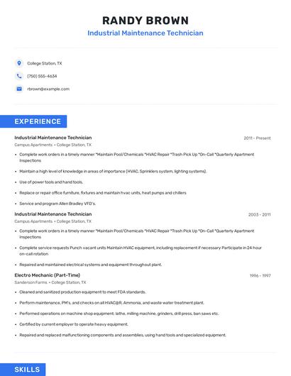 Industrial Maintenance Technician Resume