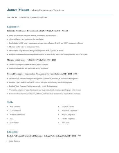 Industrial Maintenance Technician Resume