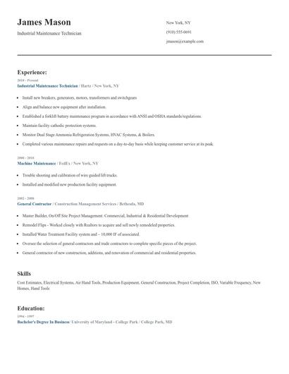 Industrial Maintenance Technician Resume