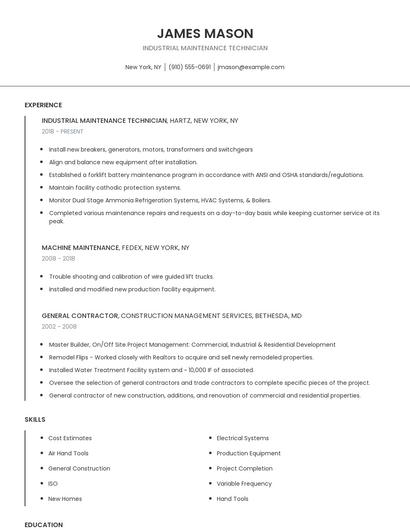 Industrial Maintenance Technician Resume