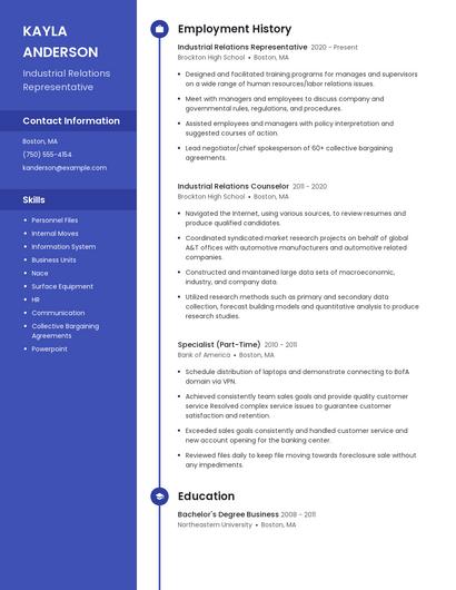 Industrial Relations Representative Resume