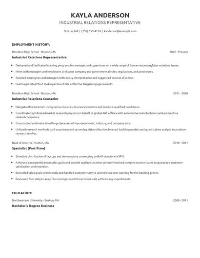 Industrial Relations Representative Resume