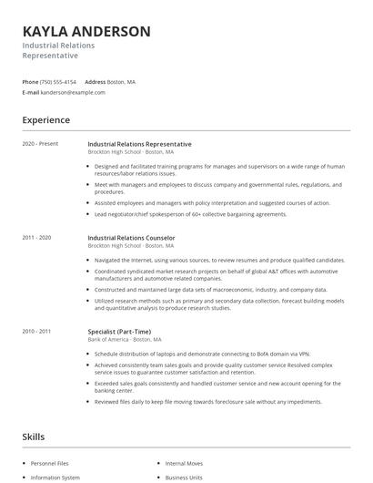 Industrial Relations Representative Resume