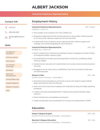 Industrial Relations Representative Resume