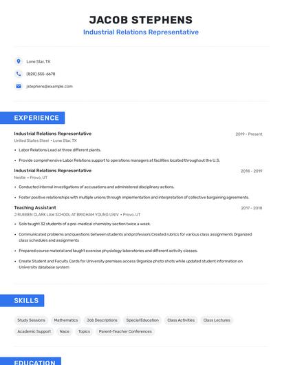 Industrial Relations Representative Resume