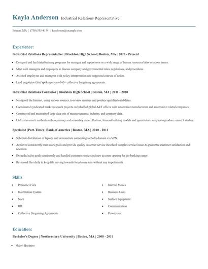 Industrial Relations Representative Resume
