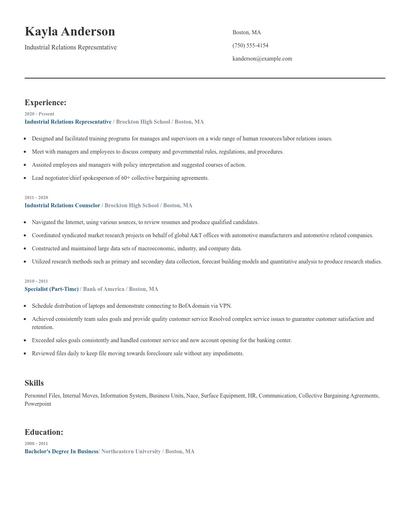 Industrial Relations Representative Resume