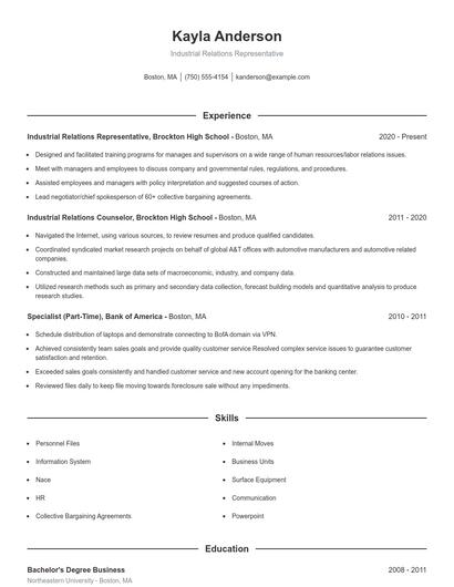 Industrial Relations Representative Resume