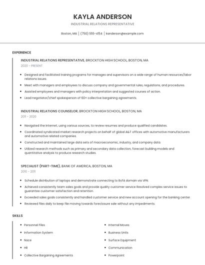Industrial Relations Representative Resume