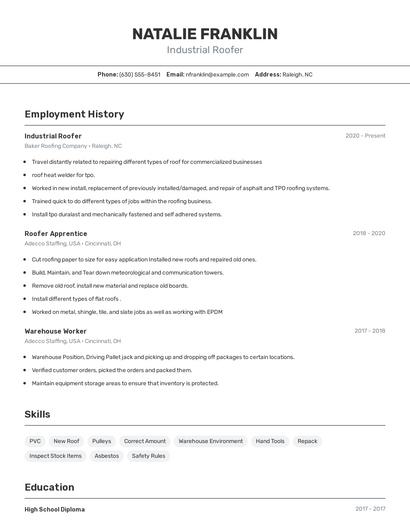 Industrial Roofer Resume