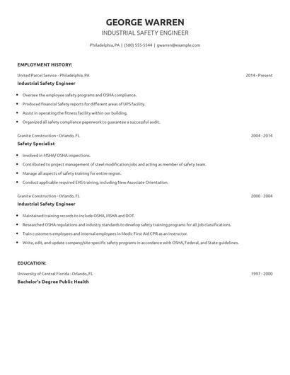 Industrial Safety Engineer Resume