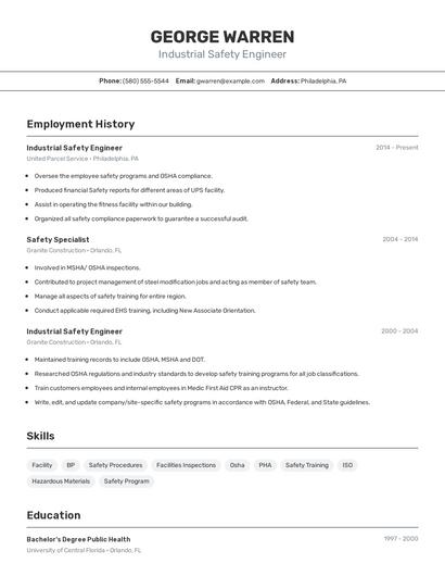 Industrial Safety Engineer Resume