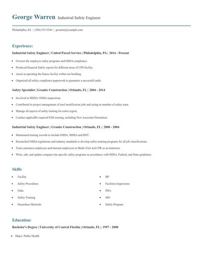 Industrial Safety Engineer Resume