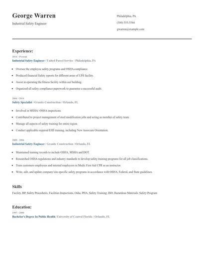 Industrial Safety Engineer Resume