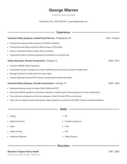Industrial Safety Engineer Resume