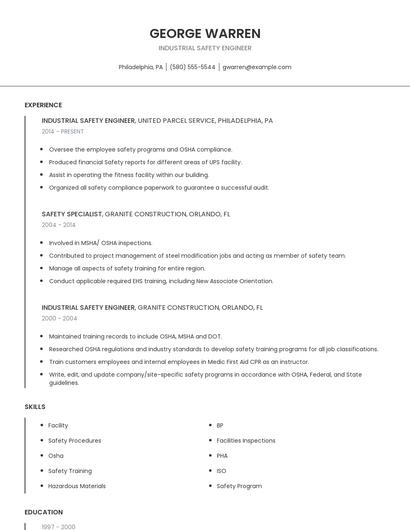Industrial Safety Engineer Resume