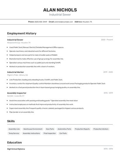 Industrial Sewer Resume