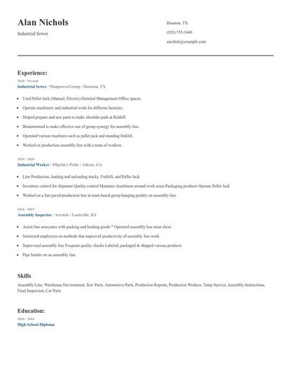 Industrial Sewer Resume