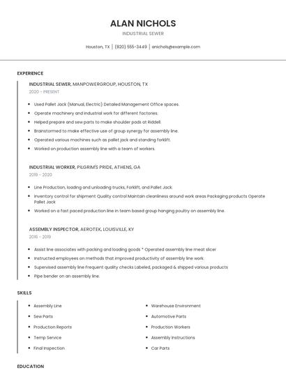 Industrial Sewer Resume