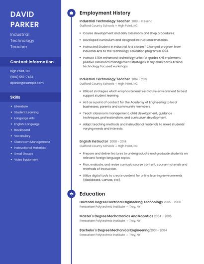 Industrial Technology Teacher Resume