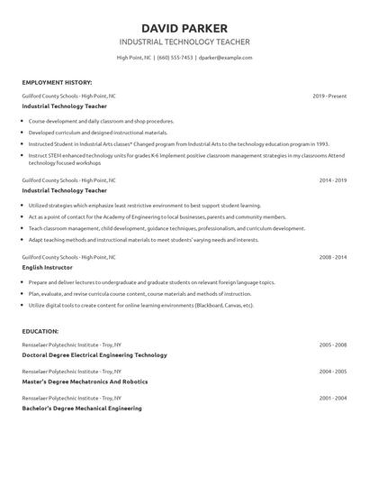 Industrial Technology Teacher Resume