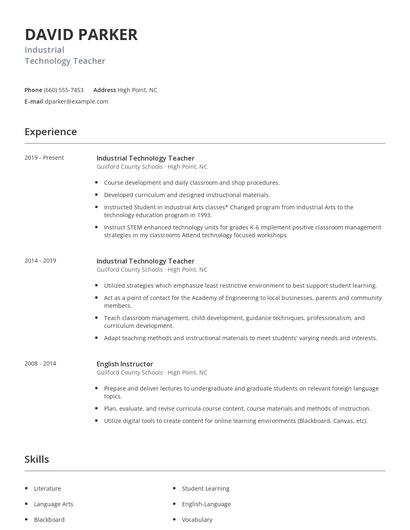 Industrial Technology Teacher Resume