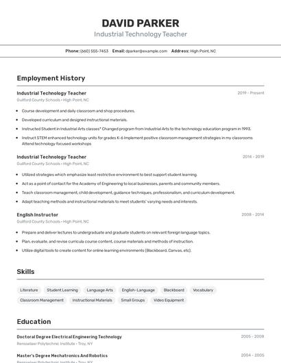 Industrial Technology Teacher Resume