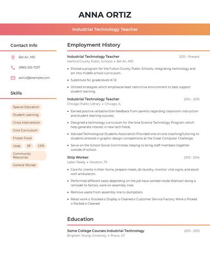 Industrial Technology Teacher Resume