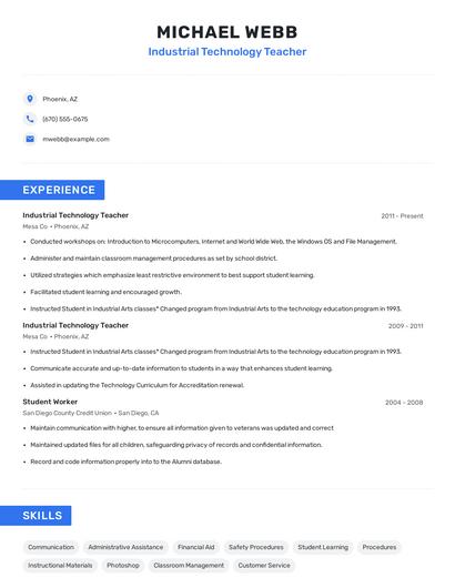 Industrial Technology Teacher Resume