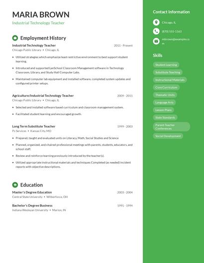 Industrial Technology Teacher Resume