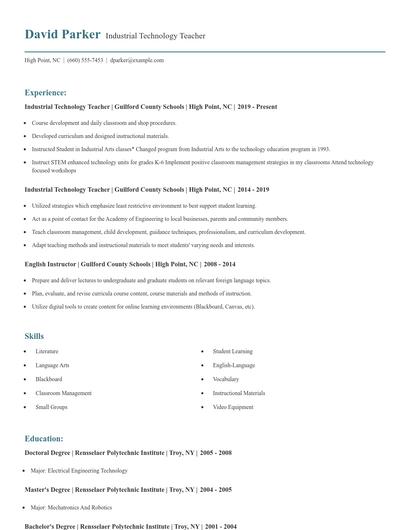 Industrial Technology Teacher Resume