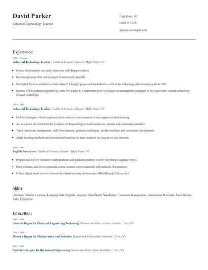 Industrial Technology Teacher Resume