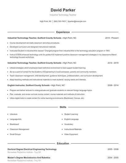 Industrial Technology Teacher Resume