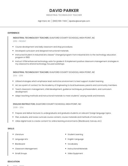 Industrial Technology Teacher Resume