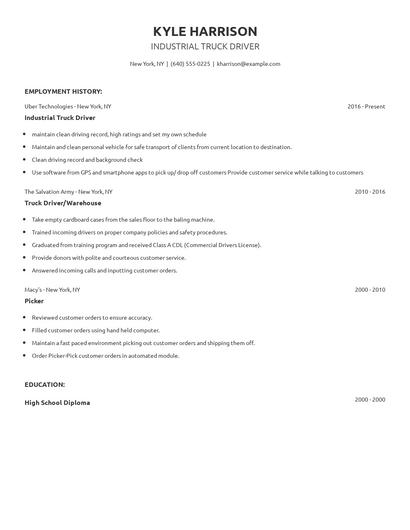 Industrial Truck Driver Resume
