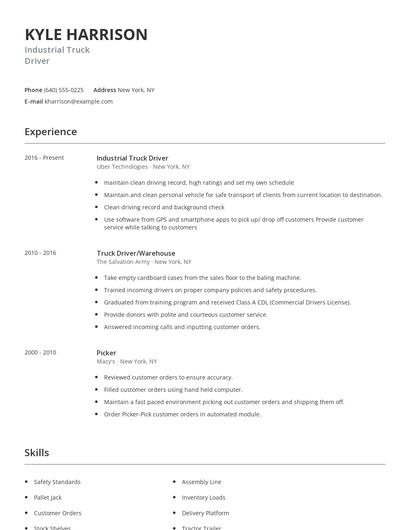 Industrial Truck Driver Resume