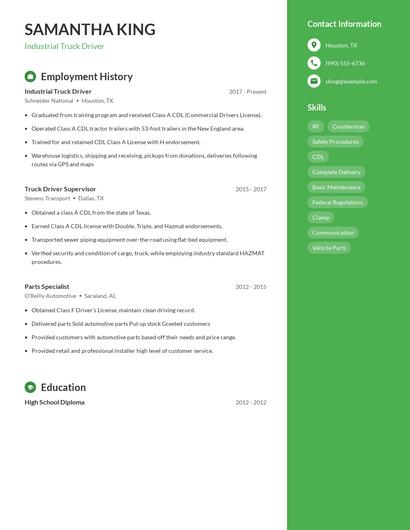 Industrial Truck Driver Resume