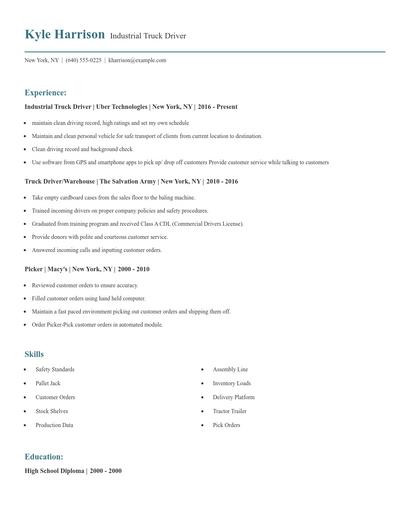 Industrial Truck Driver Resume
