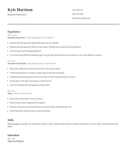Industrial Truck Driver Resume