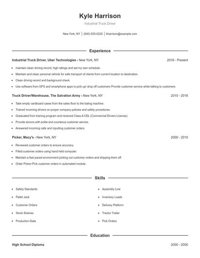 Industrial Truck Driver Resume