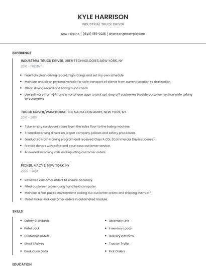 Industrial Truck Driver Resume