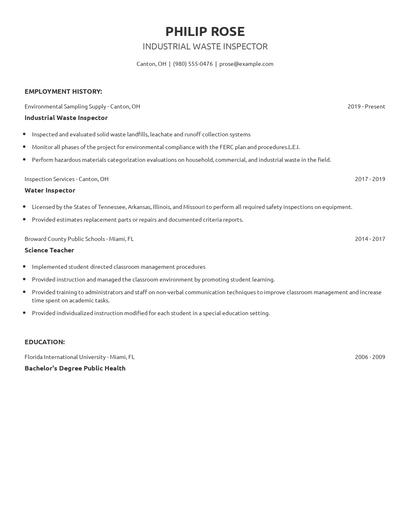 Industrial Waste Inspector Resume