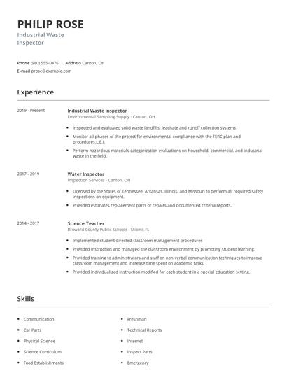 Industrial Waste Inspector Resume
