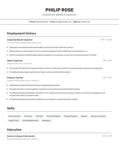 Industrial Waste Inspector Resume