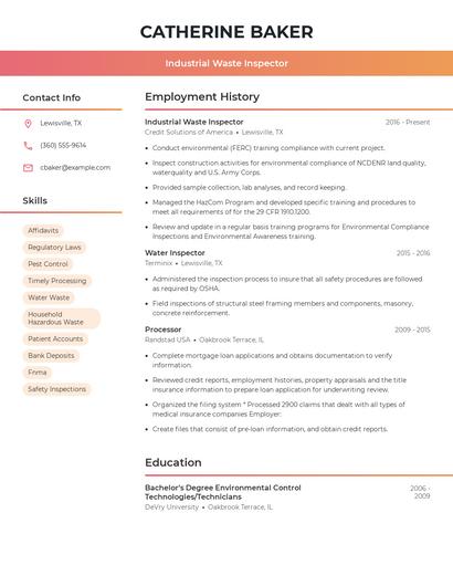 Industrial Waste Inspector Resume