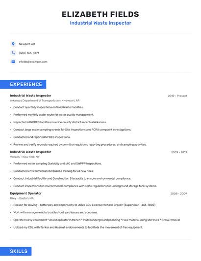 Industrial Waste Inspector Resume