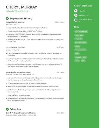 Industrial Waste Inspector Resume