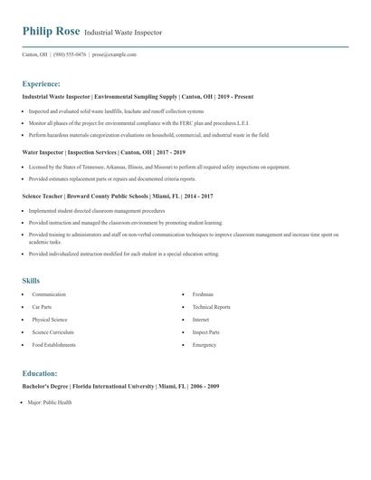 Industrial Waste Inspector Resume